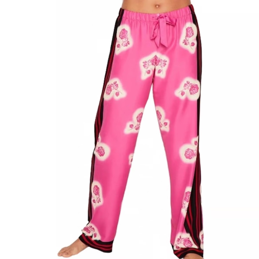 Victoria Secret Black Stripe/Pink Rose Design Pajamas - Large